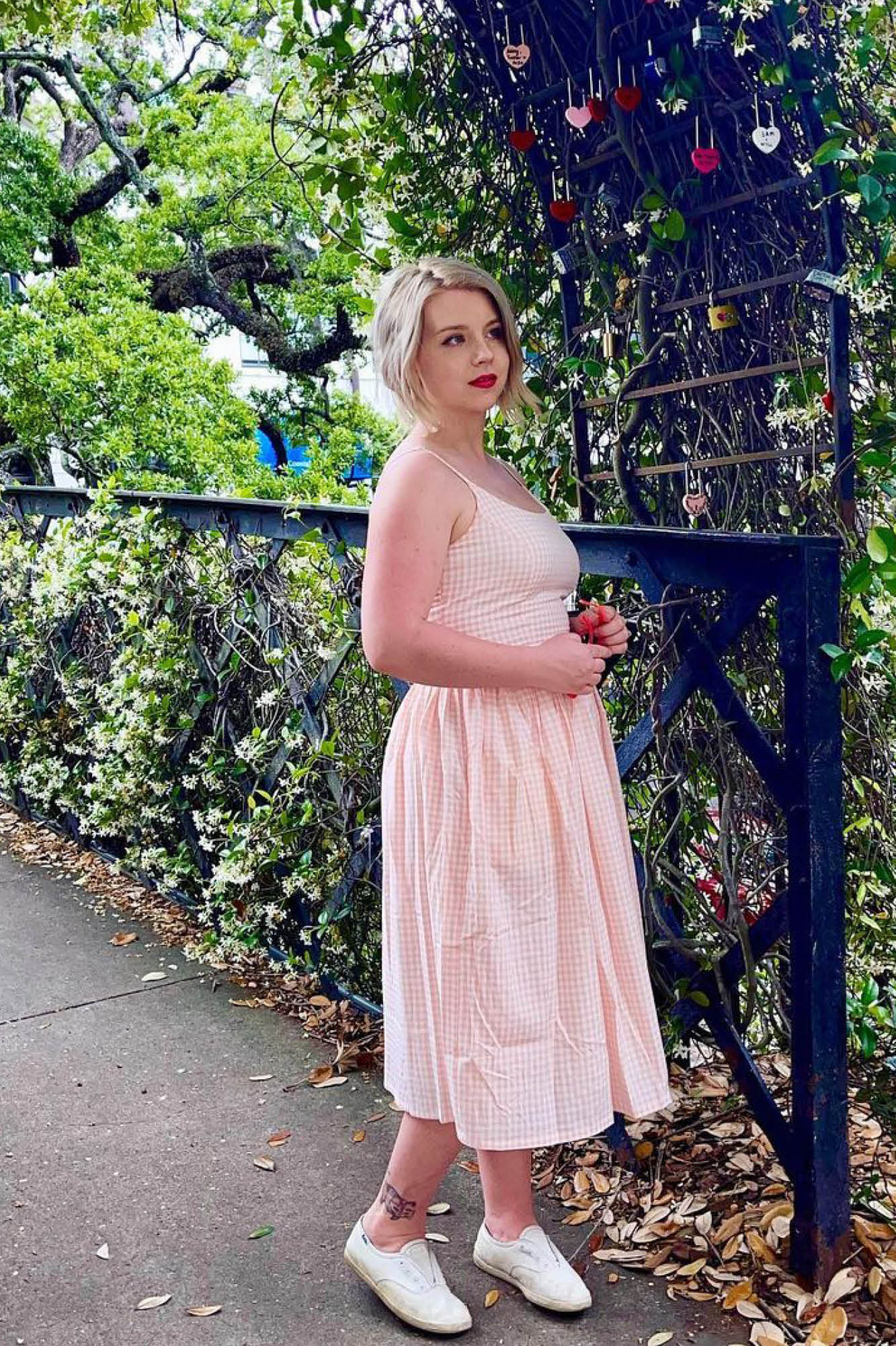 Sandra Fit and Flare Dress in Peach Gingham