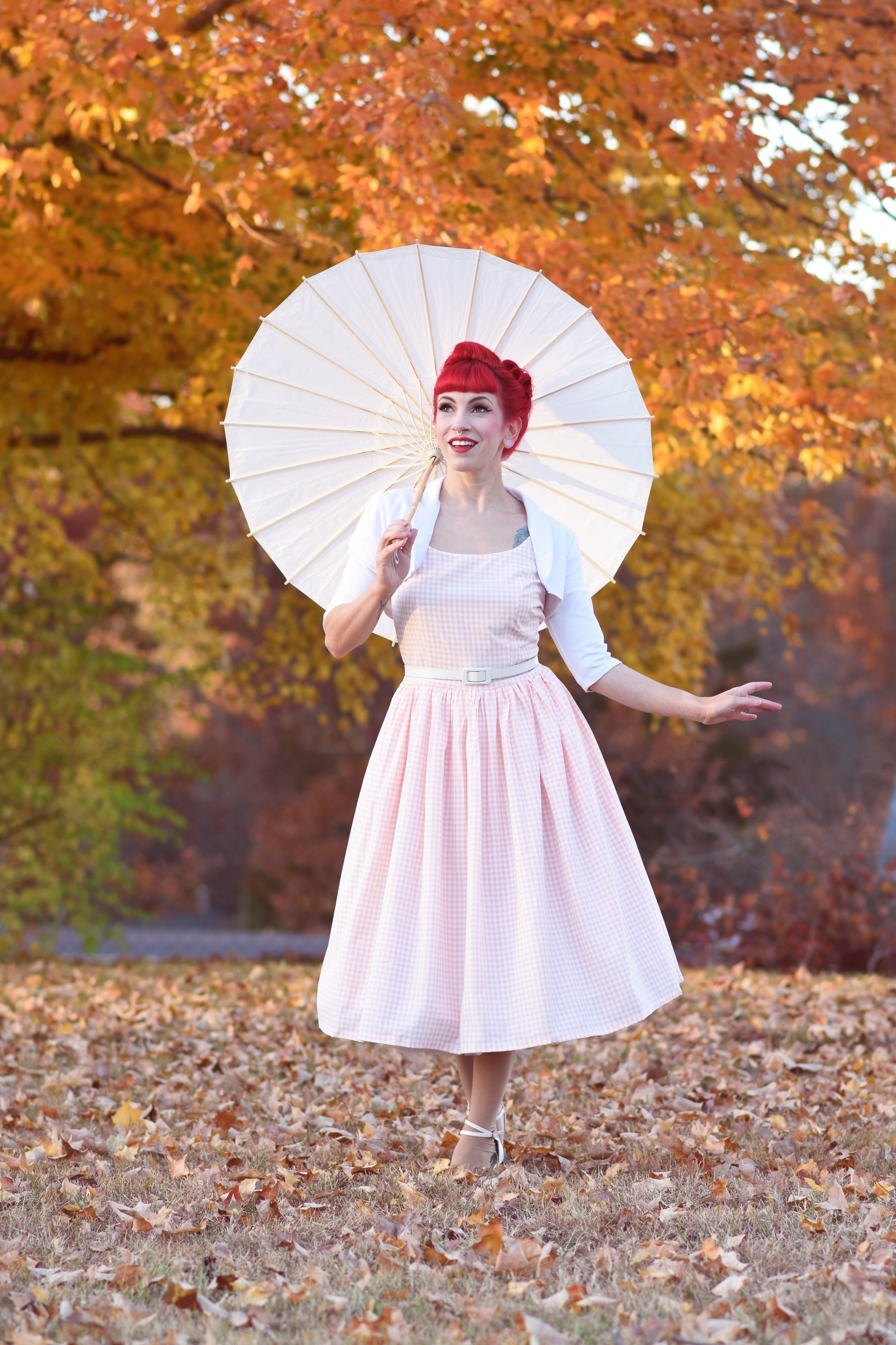 Sandra Fit and Flare Dress in Peach Gingham