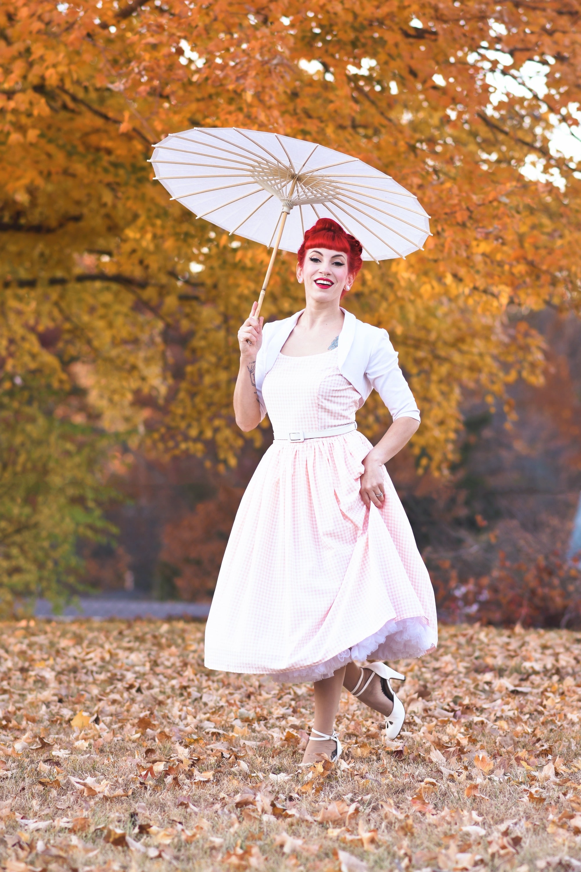 Sandra Fit and Flare Dress in Peach Gingham