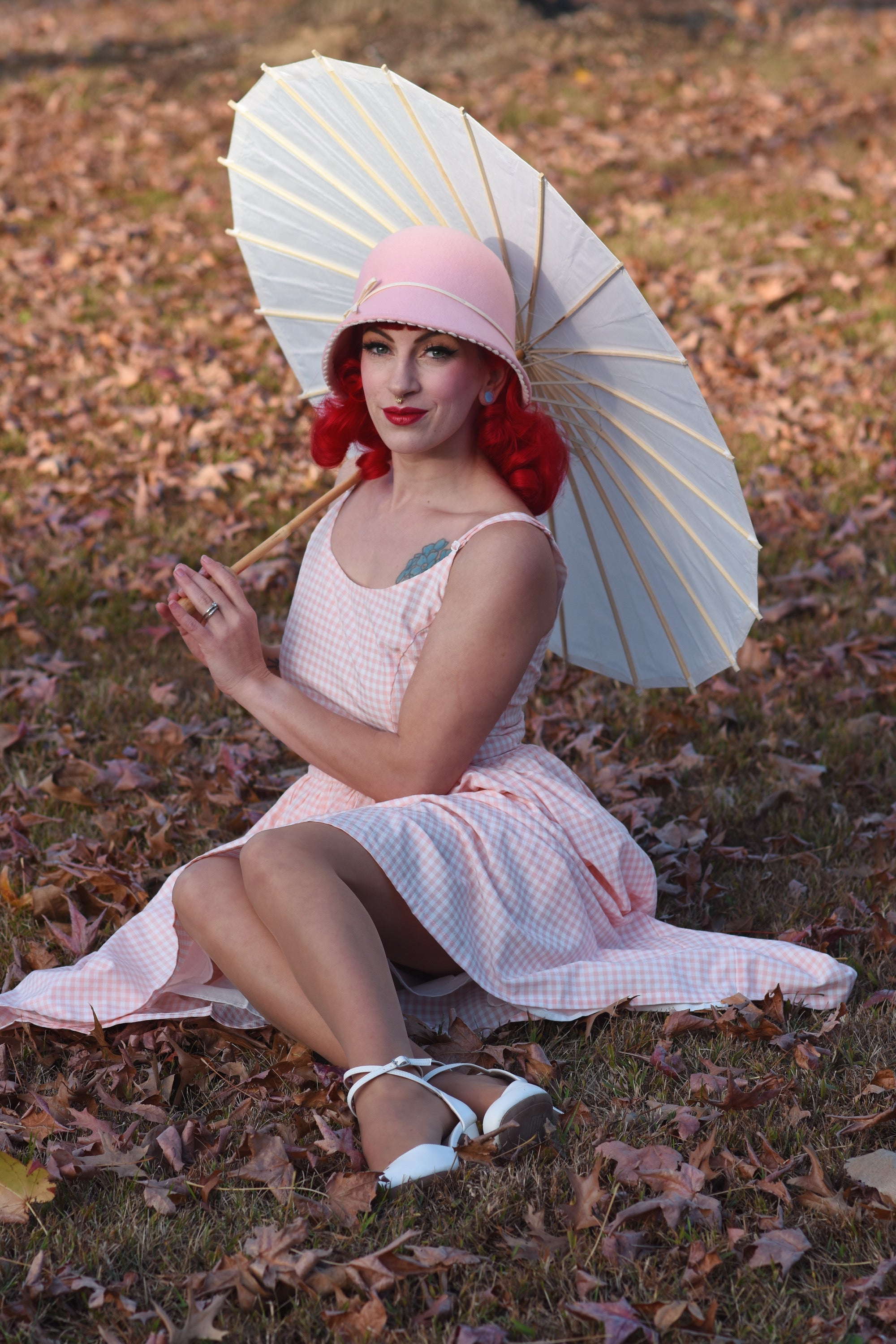 Sandra Fit and Flare Dress in Peach Gingham